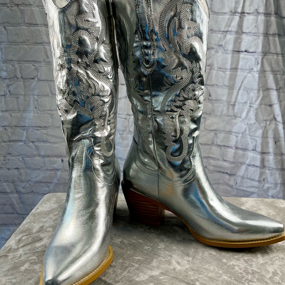 New Silver Western Cowboy Boots Size 7 - Picture 7 of 13